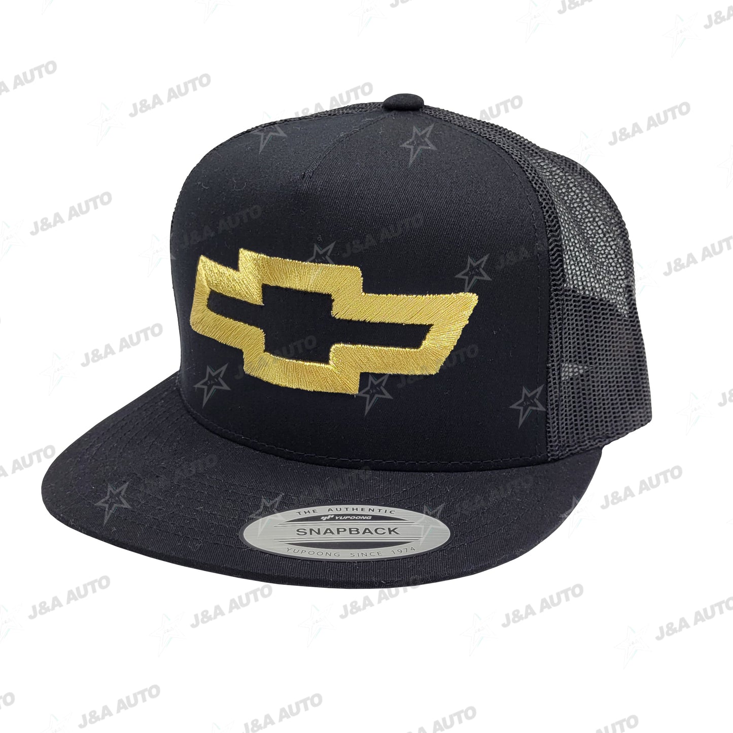 Chevy Bowtie Truck Gold Logo Snapback Hat Black Mesh