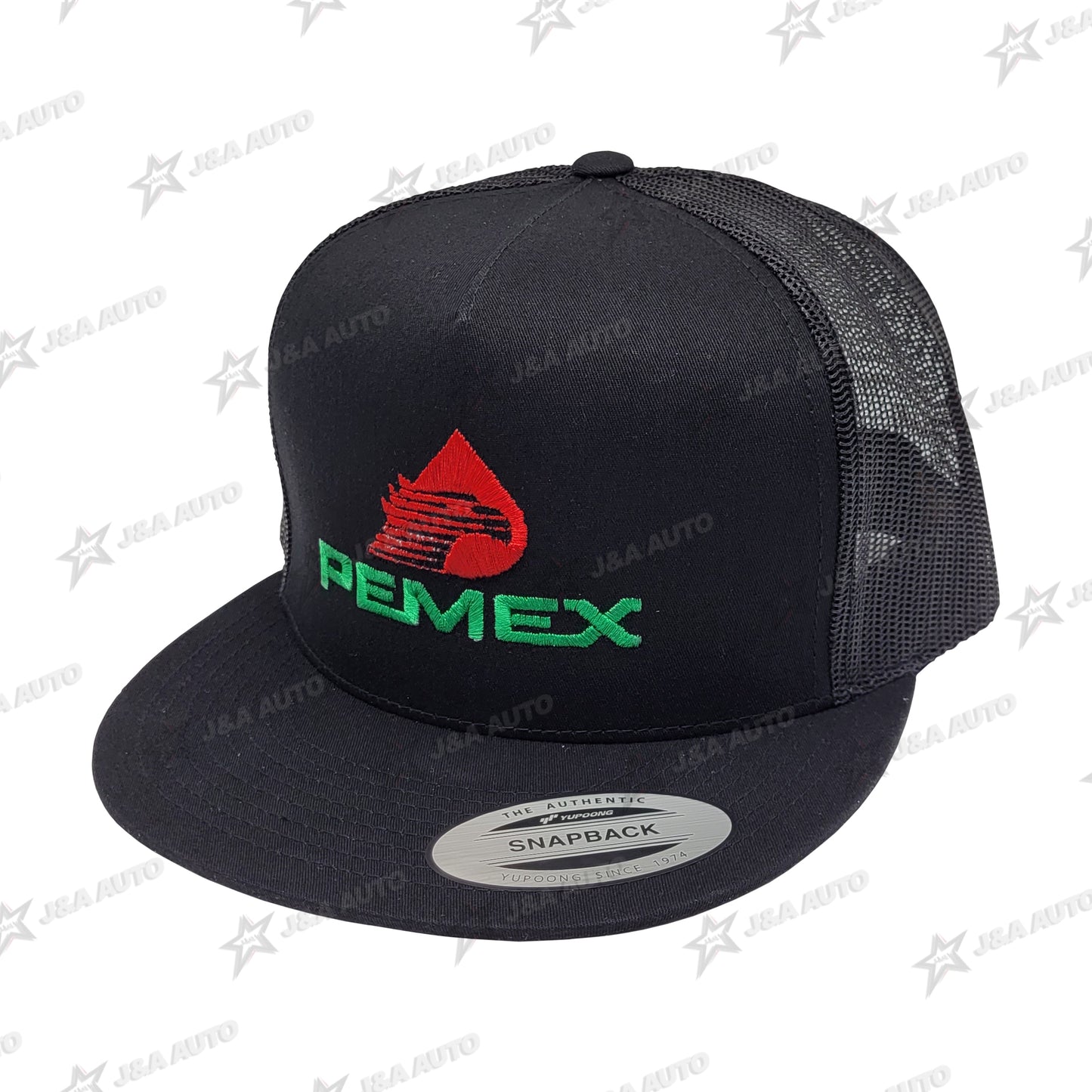 Pemex Mexico Green Letters With Red Logo Snap Back Hat Black Mesh